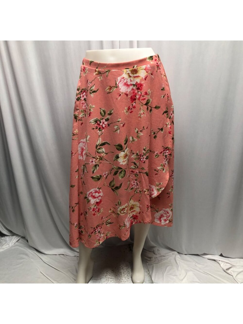 Bobeau Asymmetrical Midi Skirt Womens Size Medium Coral Floral Faux Wrap Fairy